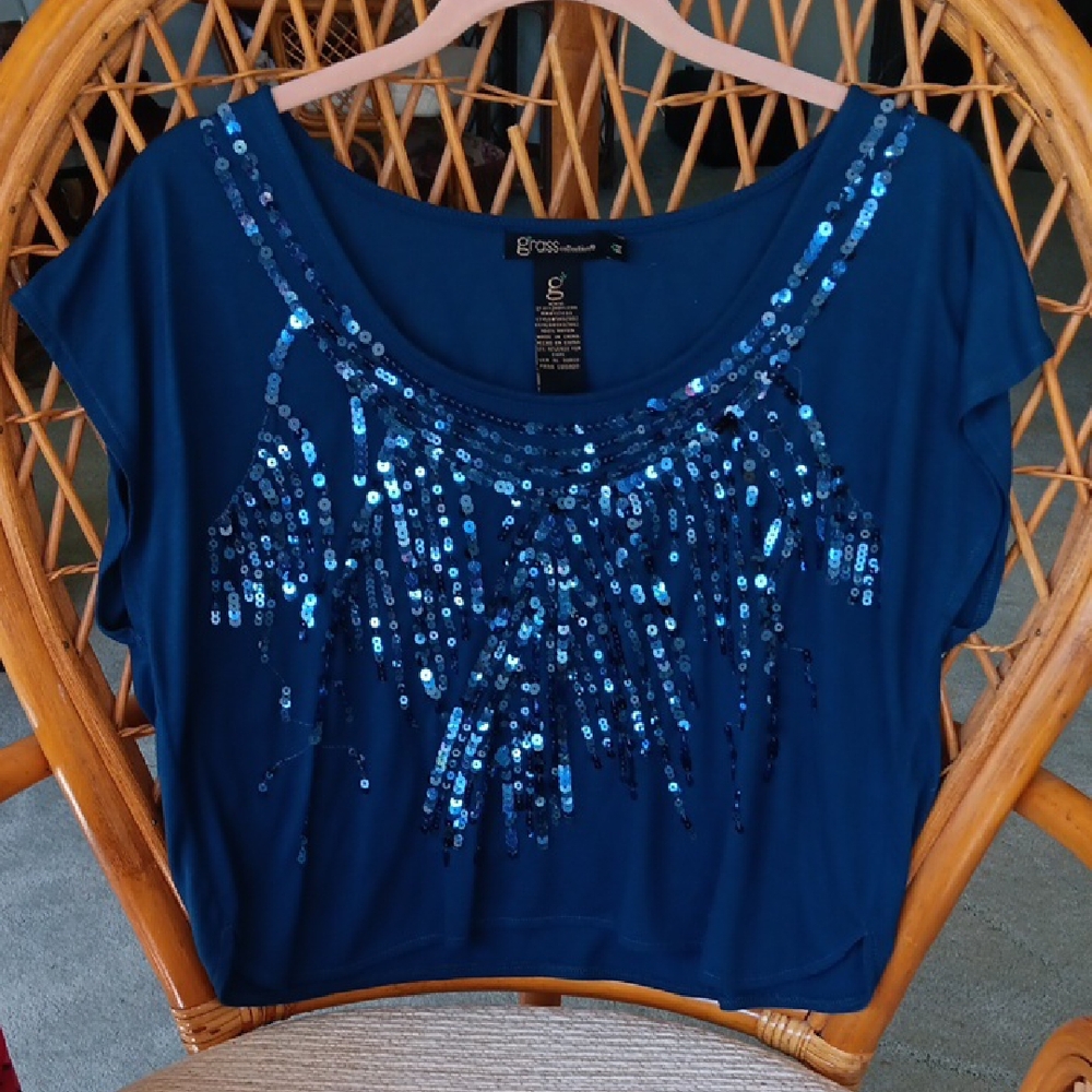 Grass Collection Navy Sequin Embellished Blouse